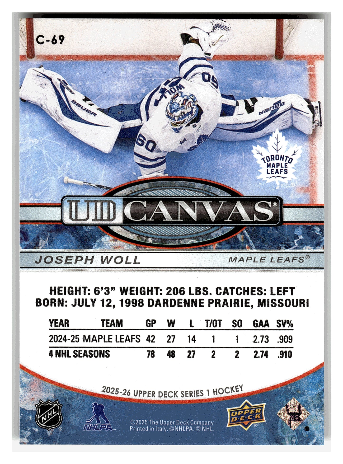 JOSEPH WOLL 25-26 UPPER DECK SERIES 1 CANVAS CARD #C-69