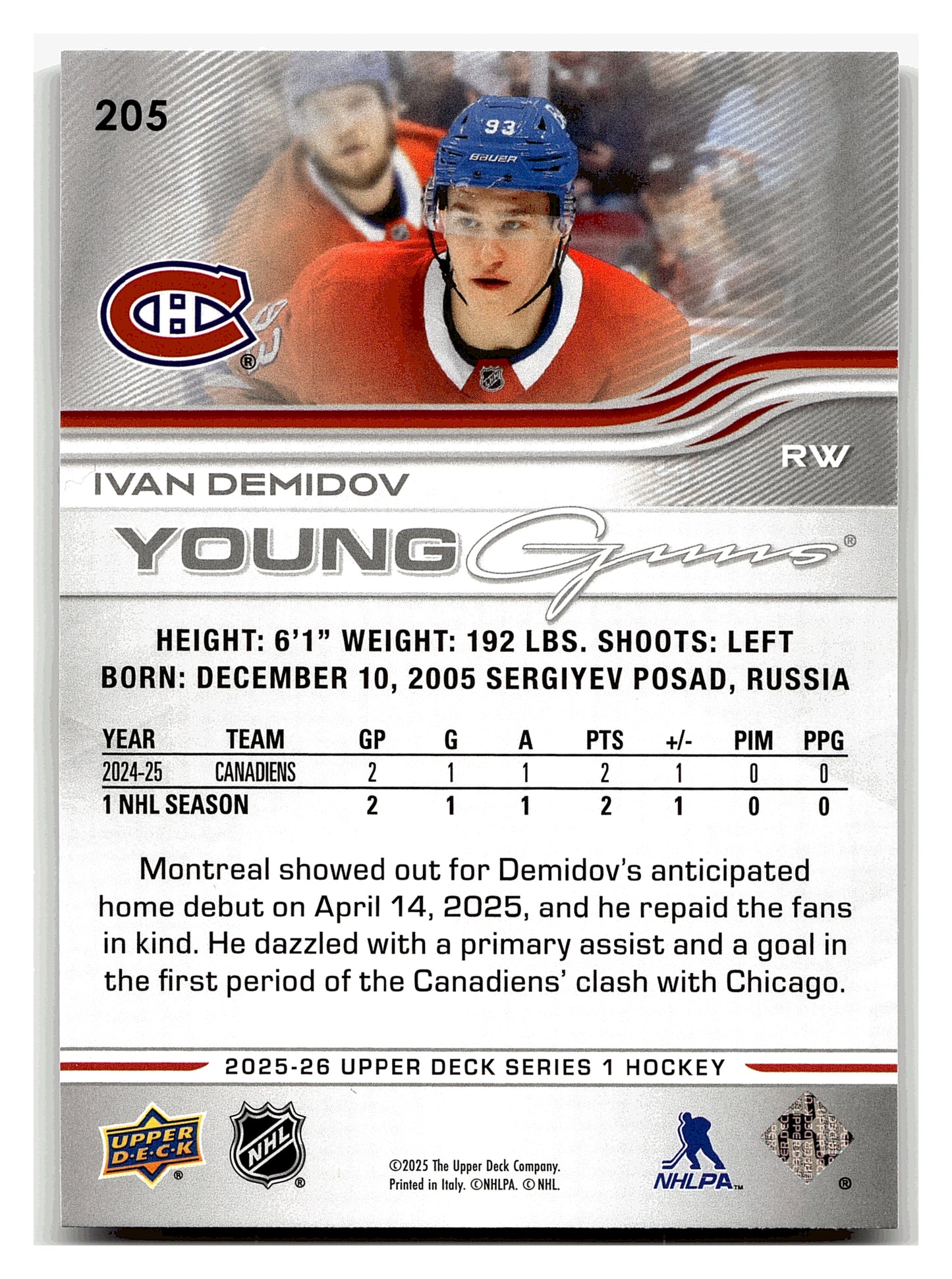 2025-26 Upper Deck Series 1 Ivan Demidov Young Guns Rookie Card #205