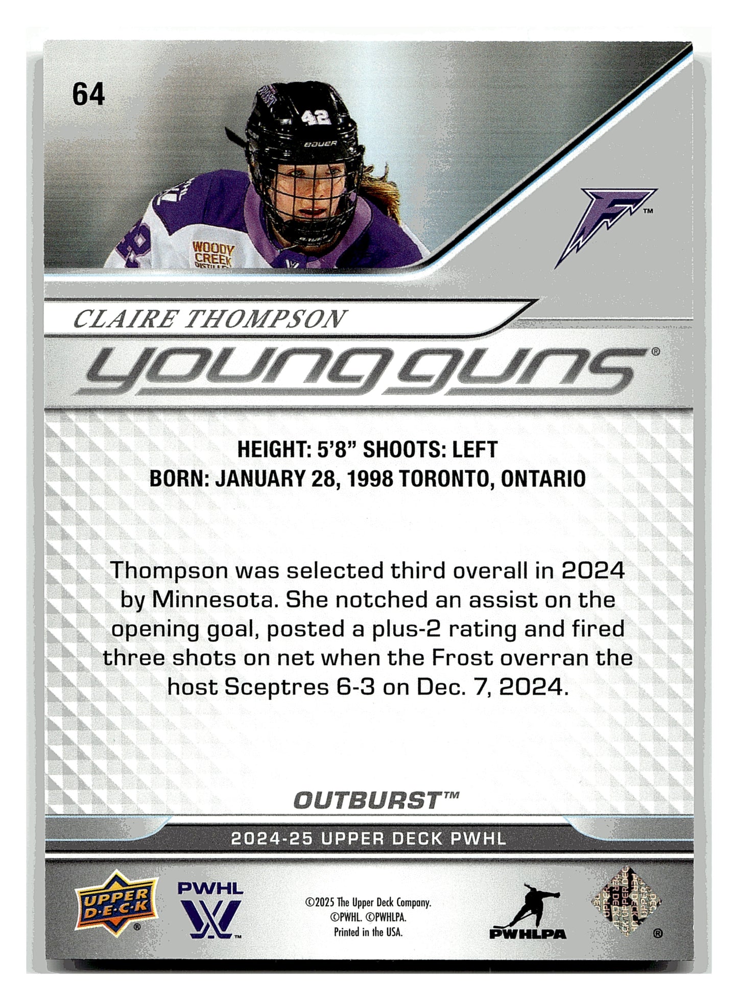 2024-25 Upper Deck PWHL Claire Thompson Young Guns Outburst Rookie Card #64